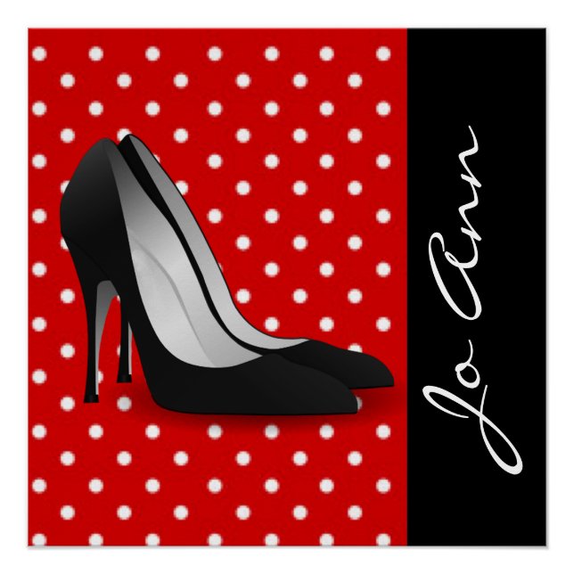 Poster Noir Haut talons Rouge Blanc Polka Motif point (Devant)