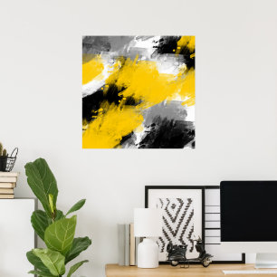 Poster Noir Jaune Blanc Moderne Abstrait Brosses