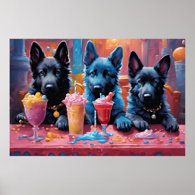 Poster Noir N Bleu Chiens de Berger Allemand Chiens De Mi (Devant)