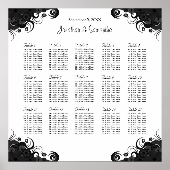 Poster Noir sur blanc Mariage 15 tables Cartes de sièges (Devant)