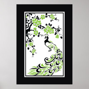 Poster Noir, vert, blanc paon et fleurs de cerisiers