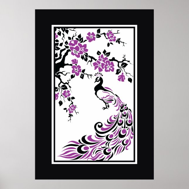 Poster Noir, violet, blanc paon et fleurs de cerisiers (Devant)