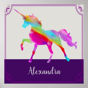 Poster Nom de l'enfant Unicorne coloré Personnalisé