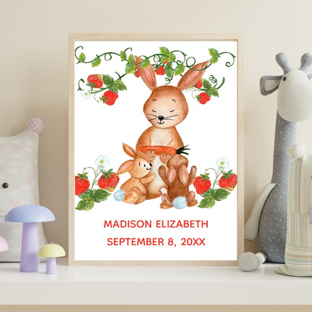 Poster Nom du bébé Anniversaire Baby Bunny Fraise Nursery (Mama Bunny Baby Bunny Strawberries Personalized Nursery Wall Art digital or printed.)
