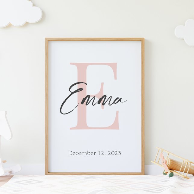Poster Nom du bébé et date de naissance Monogramme modern (Créateur téléchargé)