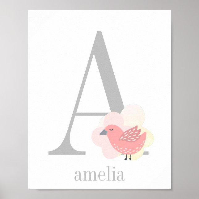 Poster Nom du monogramme personnalisé Pink Bird Girl Nurs (Devant)