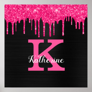 Poster Nom Monogramme avec Gouttes de Paillettes Rose Cha