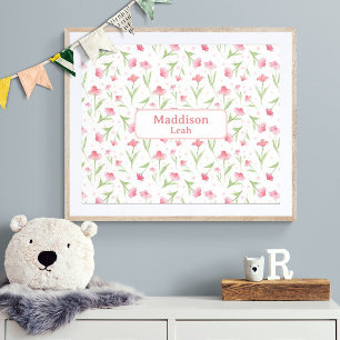 Poster Nom personnalisé Art Aquarelle Floral Rose Nursery