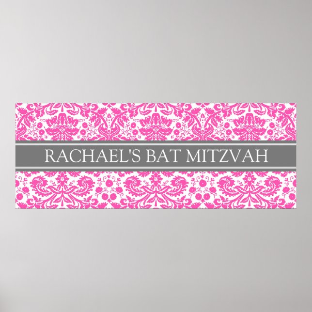 Poster Nom personnalisé bat mitzvah Bannière Damas rose (Devant)