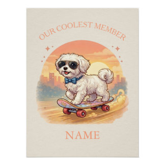 Poster Nom personnalisé Chien Maltais Cool Skateboardeur 