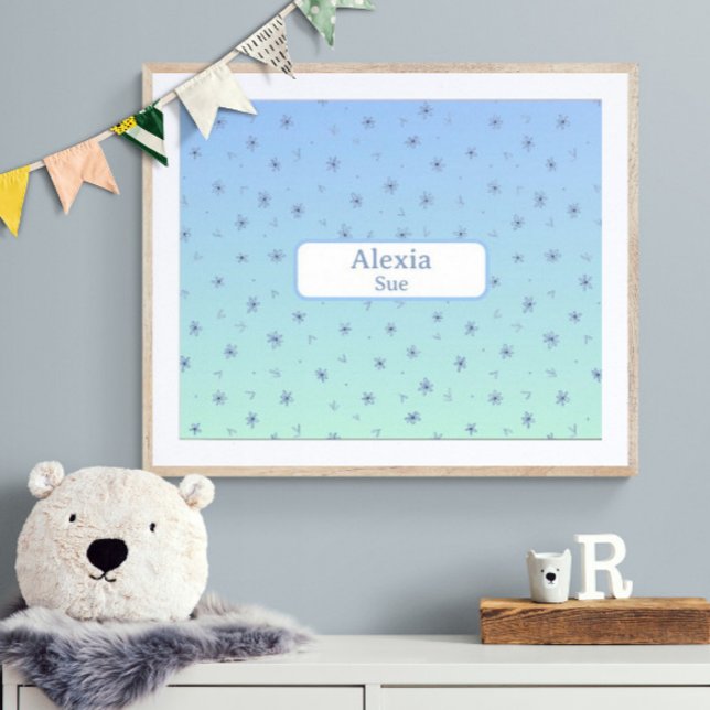 Poster Nom Personnalisé Enfants Décor Bleu Fleurs (Customize name! Shown with white mat and wood frame. (you will receive print only) Thank you!)