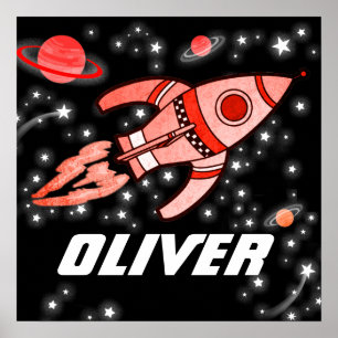 Poster Nom personnalisé espace roquette garçons noir roug