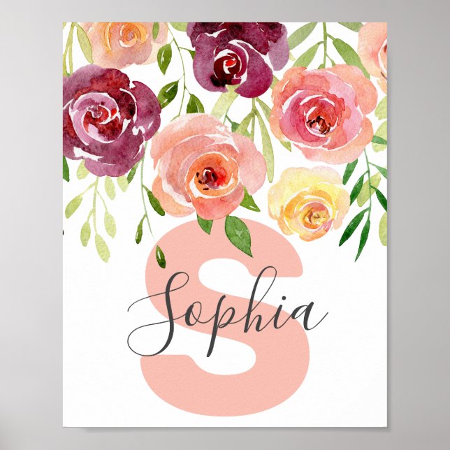 Poster Nom personnalisé Fille Bébé Floral Roses Filles Nu (Devant)