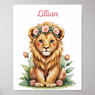 Poster Nom personnalisé Jungle Girl Nursery Baby Lion