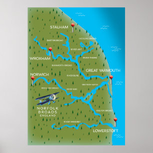 Poster Norfolk Broads Angleterre Map.