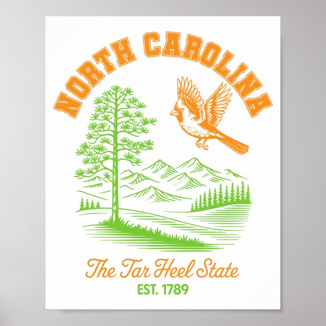 Poster North Carolina Tar Heel State Cardinal Pine Tree  (Devant)