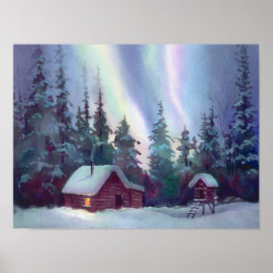 Poster NORTHERN LIGHTS & LOG CABINE par SHARON SHARPE
