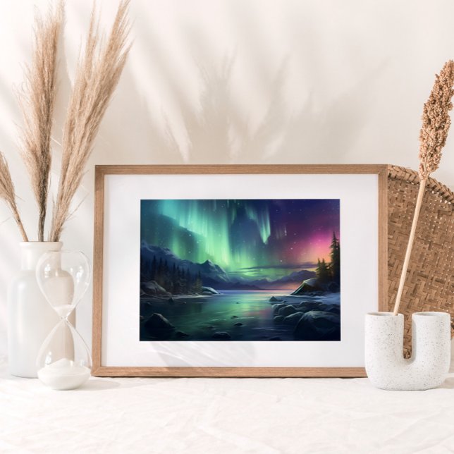 Poster Northern Lights Seascape Mountains Aquarelle (An evening seascape and the celestial dance of the Northern Lights over majestic mountains.)