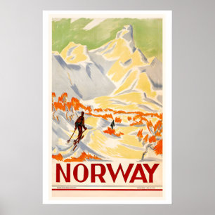 Poster Norvège Hiver Neige Skieur Montagne Vintage Ski