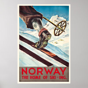 Poster Norvège La Maison Du Ski Sport D'hiver Ski Vintage