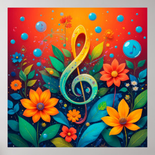 Poster Note Musicale Artistique Entourée De Fleurs Coloré