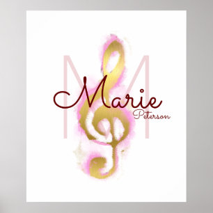 Poster note musicale (clef dorée à tréble), monogramme gi