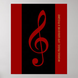 Poster note musicale noire rouge (clef triple)