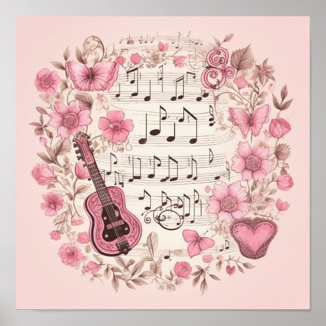 Poster Notes de musique et Fleurs style rétro (Devant)