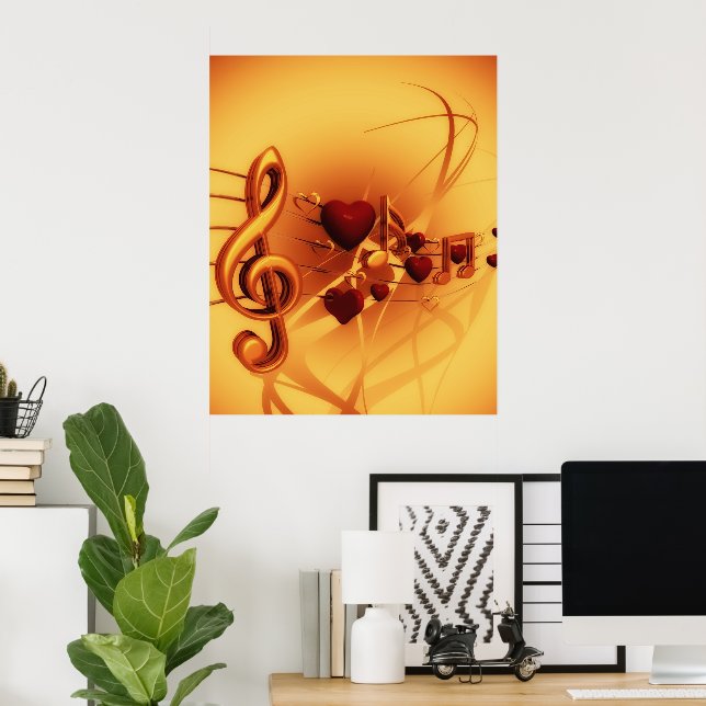 Poster Notes musicales Coeurs Clef Treble Gold & Red (Bureau à domicile)