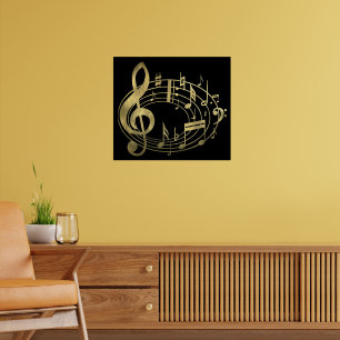 Poster Notes musicales d'or dans la forme ovale