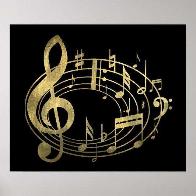 Poster Notes musicales d'or en forme ovale (Devant)