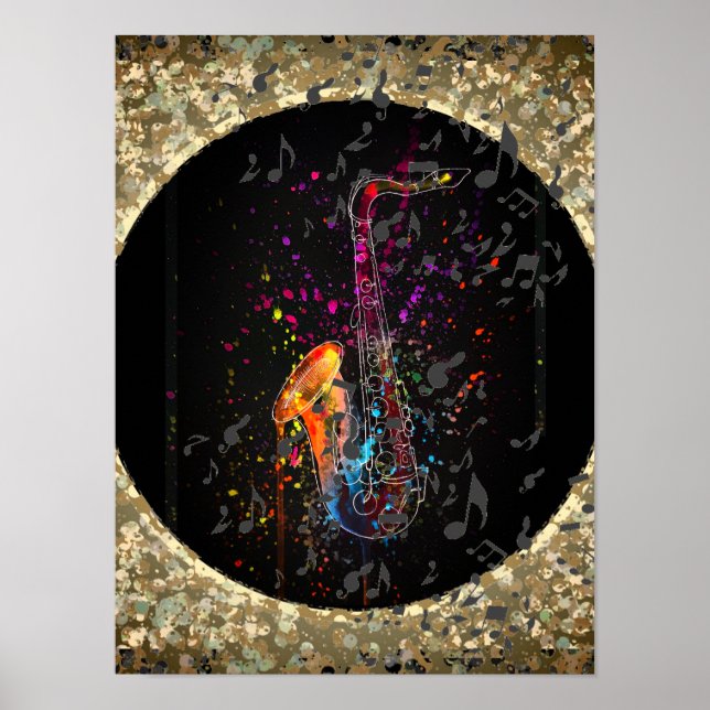 Poster Notes Saxophones Splash Et Musique (Devant)