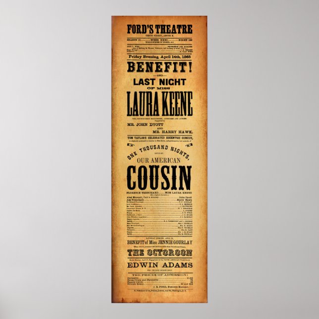 Poster Notre American Cousin Ford's Theatre 14 avril 1865 (Devant)