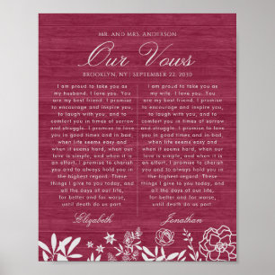 Poster Notre Mariage Vows Burgundy Floral Wood Anniversai