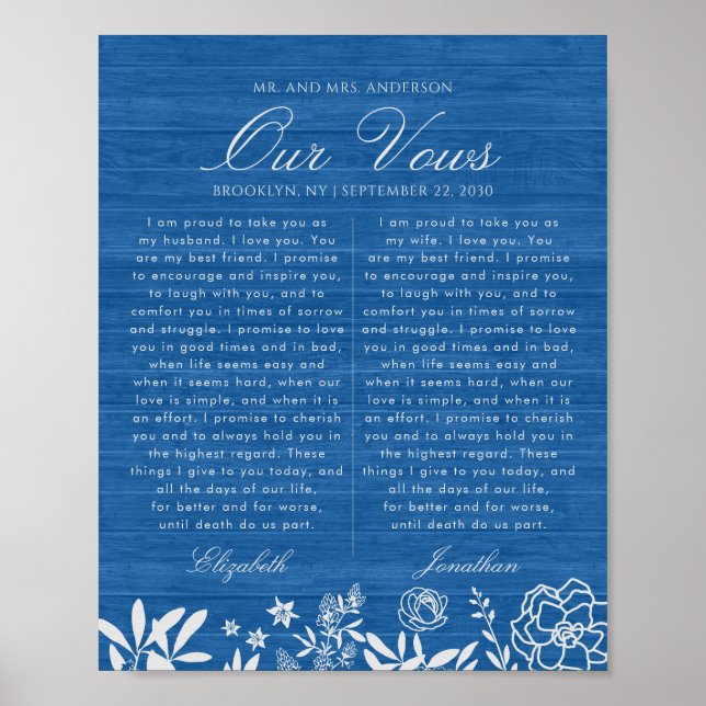 Poster Notre Mariage Vows Marine Blue Floral Wood Anniver (Devant)