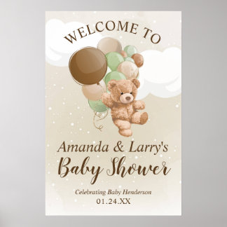 Poster Nounours avec ballons verts et marrons Bienvenue