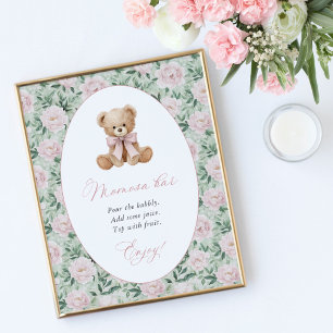 Poster Nounours en peluche, noeud rose, fleurs roses, bar