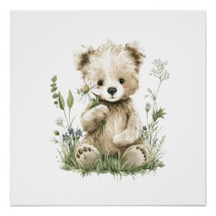 Poster Nounours mignon à l'aquarelle avec fleurs sauvages