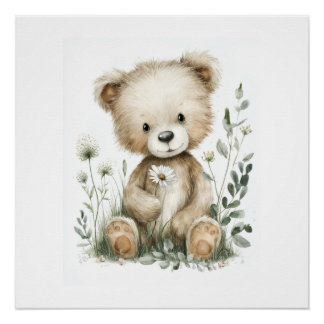 Poster Nounours mignon à l'aquarelle avec fleurs sauvages