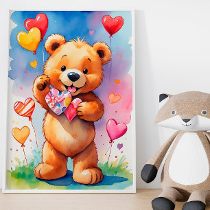 Poster Nounours Teddy Bear avec Cadeau en Forme de Cœur e