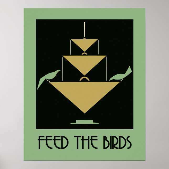 Poster Nourrir les oiseaux vert et ambré (Devant)