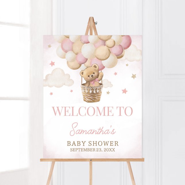Poster Nous Pouvons Attendre L'Accueil De L'Ours Rose (Girl Teddy Bear Balloon Baby Shower Welcome Sign)