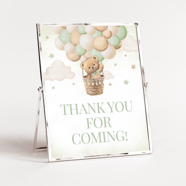 Poster Nous pouvons attendre l'ours vert Merci d'être ven (Boho Green Teddy Bear Baby Shower Thank you for Coming Sign)