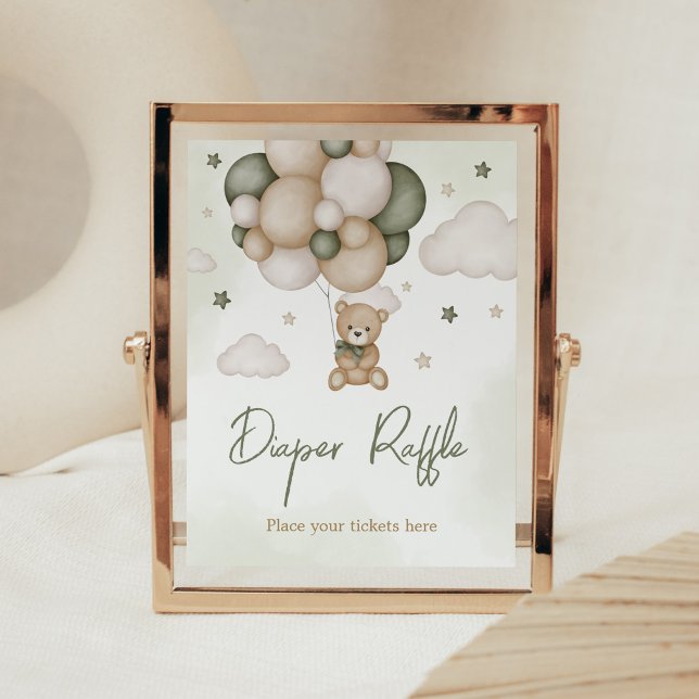 Poster Nous Pouvons Attendre Rapidement Le Raffin De La B (Green Boho Teddy Bear Baby Shower Diaper Raffle Sign)