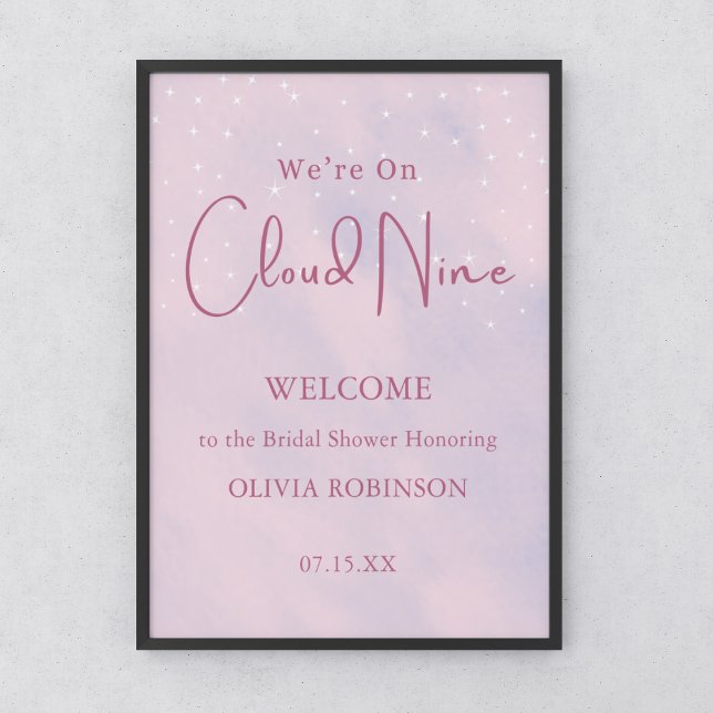 Poster Nous sommes sur le nuage neuf rose Baby shower fil (We're On Cloud Nine Pink Girl Baby Shower Welcome Sign )