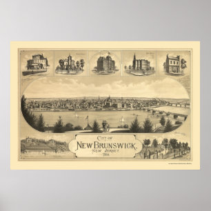 Poster Nouveau-Brunswick, NJ Carte panoramique - 1880