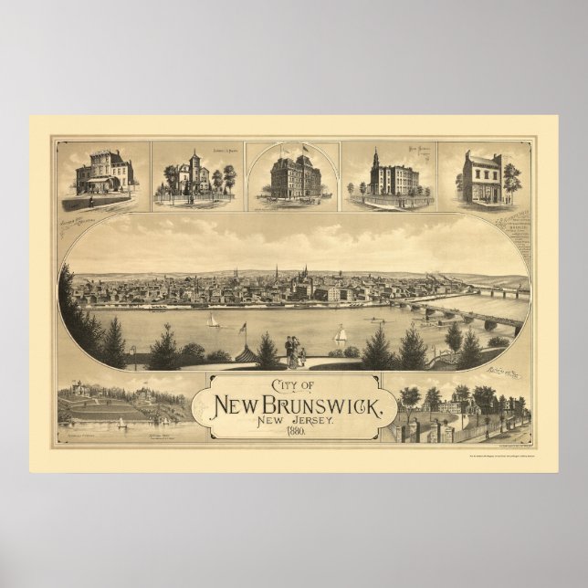Poster Nouveau-Brunswick, NJ Carte panoramique - 1880 (Devant)
