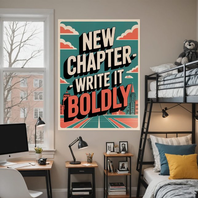 Poster Nouveau chapitre motivant en ville moderne et auda (Bold, minimalist poster with an empowering quote and vibrant cityscape in teal and orange.)