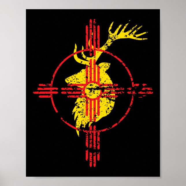 Poster Nouveau-Mexique Drapeau Elk Chasse Symbole Zia Des (Devant)