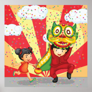 Poster Nouvel An Chinois Danse du Lion et Lanterne pour E